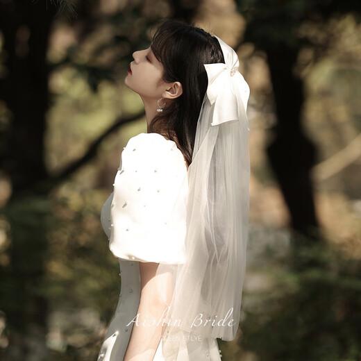 SHANGGE Bridal Veil Proposal Wedding Headdress Butterfly Celebration Hijab Photo Ritual Hair Accessory Chinese Valentine's Day Gift White Bow Veil 60cm-80cm