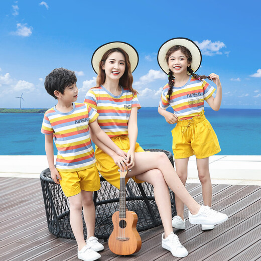 Bubble orange casual parent-child wear, family wear, short-sleeved T-shirt striped suit, mother, daughter, father and son, stylish family portrait of three or four, yellow striped suit/top + pants, baby boy size 90 (recommended height 75-85cm)