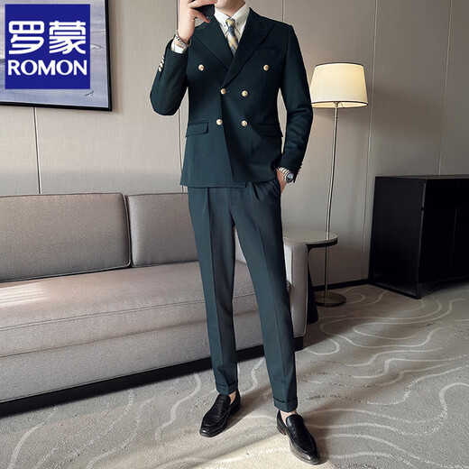 ROMON suit men's suit double-breasted host casual white dress trendy lapel business slim suit three-piece suit white single-piece suit 2XL