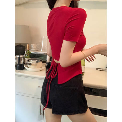 以欧新款夏季设计感露背显瘦遮肉上衣甜辣别致正肩短袖T恤女1477 黑色 XL