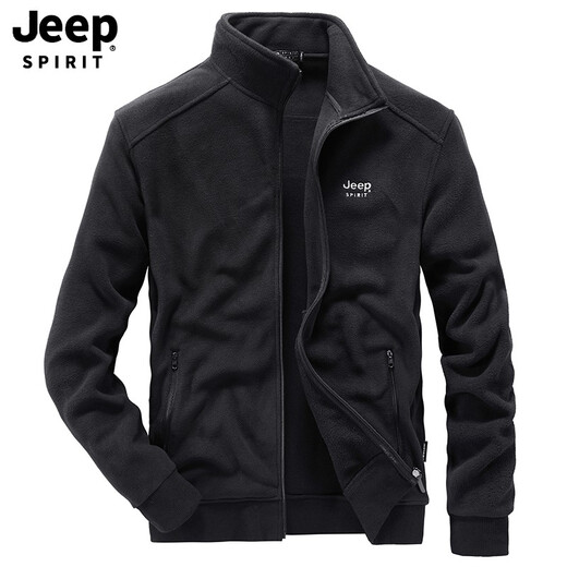 JEEP SPIRIT sweatshirt for men winter outdoor leisure thickened warm loose large size stand collar cardigan cotton coat fleece jacket 9901 black regular XL recommended 140-150Jin [Jin equals 0.5 kg]
