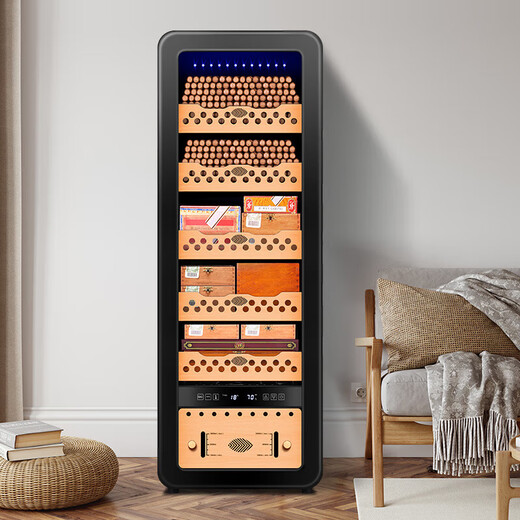 CIGARLOONG 78HC cigar cabinet with constant temperature and humidity, cedar wood shelf, naked maintenance, creative European curved design, air-cooled cigar cabinet, constant temperature and humidity control, cigar cultivation, household cigar humidifier, 78HC black cedar wood shelf + curved + constant temperature and humidity cigar cabinet