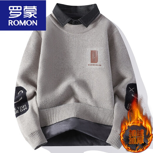 罗蒙（ROMON）潮流内搭翻领长袖针织衫上衣潮男秋冬款保暖加绒加厚假两件毛衣 卡其QDMYM9901加厚 加绒 M