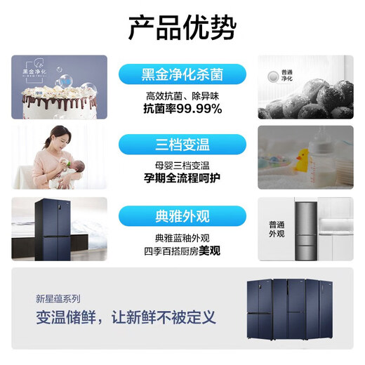 Haier (Haier) 478L cross-door refrigerator frequency conversion one-level three-speed variable temperature fruit and vegetable ice zero-degree black gold purification BCD-478WGHTD5DB9 national subsidy