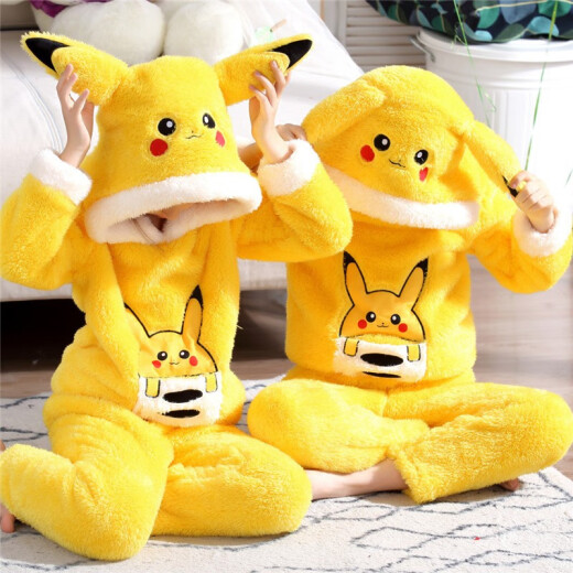 ROUCHEN (ROUCHEN) autumn and winter children's pajamas boys and girls flannel home clothes medium and large children cartoon thickened warm suit home clothes KAY166 Pikachu velvet 16 sizes 130-140CM