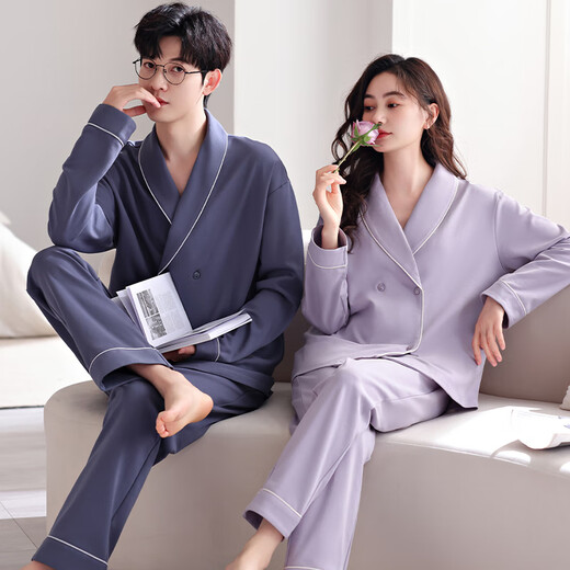 Victoria style couple pajamas for women, autumn pure cotton long sleeves, one man and one woman, couple home wear, can be worn outside, spring and autumn casual suit, female 8691 purple L