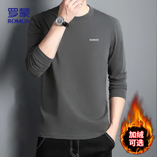 Romon long-sleeved T-shirt men's 2025 autumn solid color men's casual loose cotton bottoming shirt tops men's CT51 dark gray XL