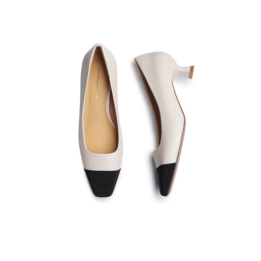 Red Dragonfly Little Flavor High Heels New Women's Shoes Square Toe Thick Heels Commuter Leather Shoes Professional Single Shoes WTB13659 Beige 39
