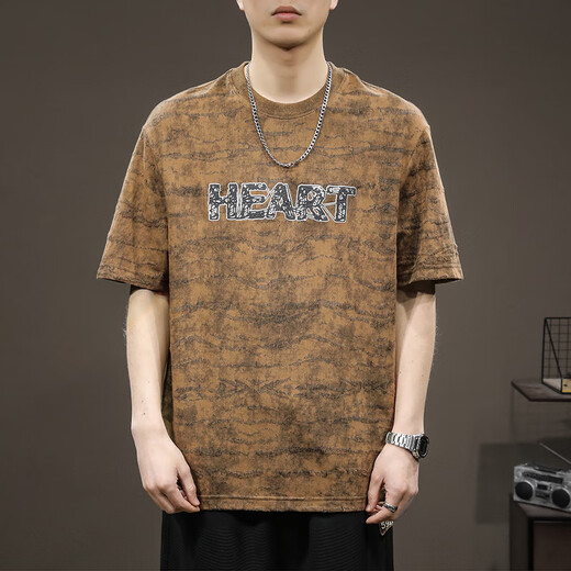 Romon American trendy short-sleeved T-shirt men's heavy loose large-size base shirt summer versatile bf style T-shirt trendy top 9925 brown T-shirt L