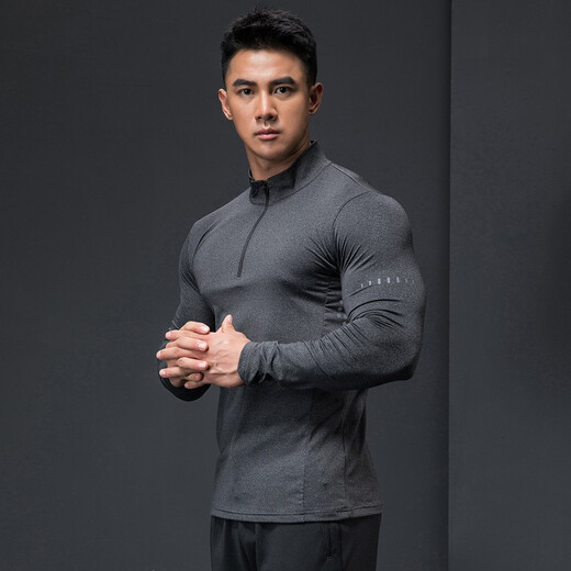 Lutiedog fitness clothing quick-drying clothing for men autumn and winter long-sleeved elastic breathable sweat-absorbent sports casual T-shirt stand collar bottoming bodybuilding clothing gray XL/175-180