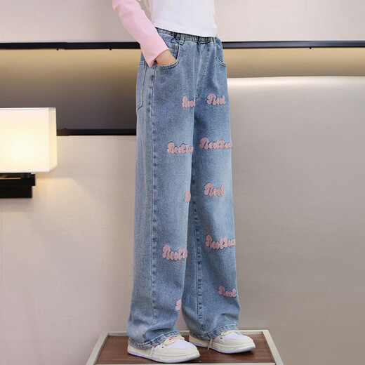 优优1点女童网红春秋款炸街套装儿童新款春装大童卫衣牛仔裤洋气 4882白13042蓝【春秋款】 130cm(建议45-55斤）