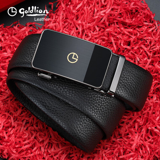 Goldlion Men's Automatic Buckle Belt Business Casual Gift Box Belt First Layer Cowhide Simple Pants Belt FAY093136-711 Black 110-120CM New Year Gift for Dad, Husband and Boyfriend