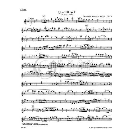 
Mozart Quartet in F major K370 368b Obool viola and cello sub-score German Bear Rider original imported score book Mozart Quartet F major BA4867