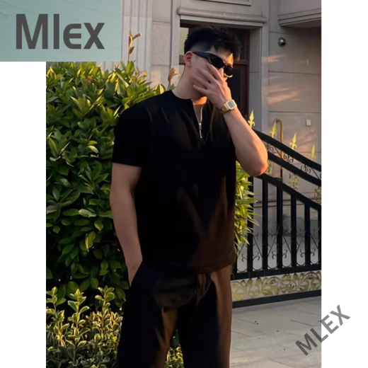 
MLEX black half zipper shoulder pad. T-shirt men's summer cuffs short sleeves showing muscles and fitness half sleeves Henry shirt black XL