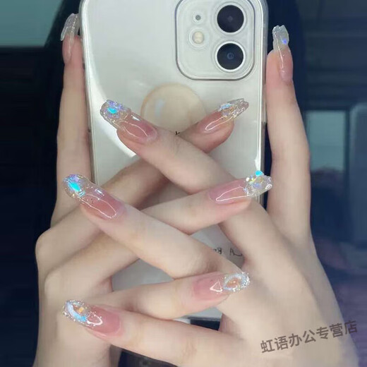 喆炜儿童穿戴式美甲贴片可拆卸穿戴美甲贴片学生显白ins短款甲 679浅紫菱形钻长款 24粒极粘防水果冻胶+胶水+打磨