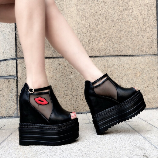 Luyiyahan women's pine cake sandals in spring and summer heels in the heels and fish mouth sandals waterproof platform high heel mesh thick sole 9568-25 lips black 14cm 36