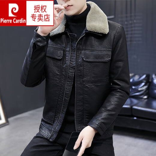 Pier Cardin Carn's Fur Collar en cuir Veste en cuir pour les hommes avec des revers épaissis en velours pour l'hiver Nouveau style fourrure intégrée belle veste en cuir chaud 1926+ col de fourrure noir m