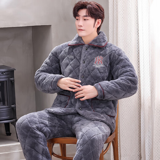 Xuanduoqi Pyjamas Herren-Dreischicht eingedickter Korallenvelvet-Baumwollflanell warme Home Kleidungsstück Herbst- und Winterstil C9921# Schwarze graue Männer [Pflug] L (100-125jin [Jin gleich 0,5 kg]) Dreischichtig eingedrocken