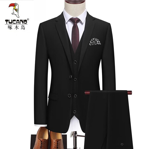 Woodpecker (TUCANO) suit men's spring and autumn men's suit three-piece suit business formal groomsmen suit men's groom wedding dress CYM87882 black (three-piece suit) XL recommended 120130Jin Jin equals 0.5 kg