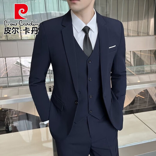 Pierre Cardin suit men's business Korean style casual formal suit three-piece groom's wedding dress men's light gray suit + pants + vest tie 2XL recommended 135-145 Jin Jin equals 0.5 kg