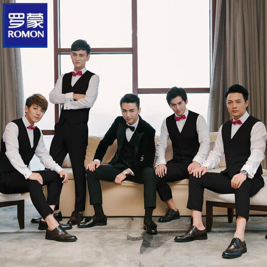 罗蒙（ROMON）伴郎服西式兄弟装男士西装马甲衬衫三件套装结婚礼服兄弟团服夏季 黑马甲+白色 长-袖+黑裤( 领结) M