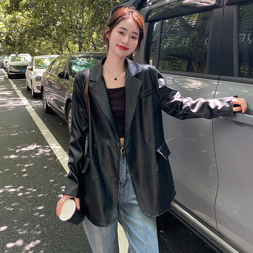 Angel Mood Frühling und Herbst neuer schwarzer PU -Lederanzug und Lederjacke Frauen 2025 Frühling und Herbst Neues Design kleiner Retro Black M
