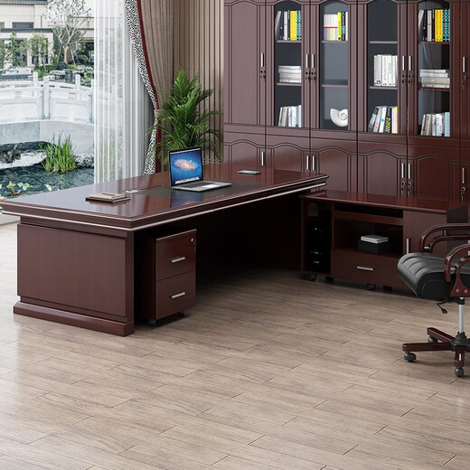 Miafei Boss Desk Modern Simple Straight Side Office Desk President Desk New Chinese Style Office Desk and Chair Single Office Furniture Combination 2 Meter Desk + Double Cabinet + Boss Chair + 4 Door Bookcase