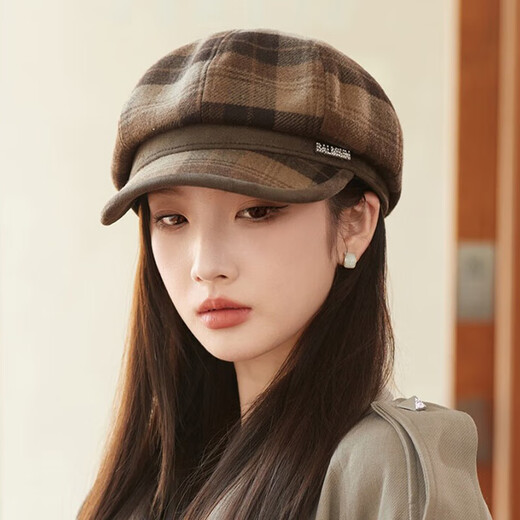 Jimmy leaf hat women's autumn and winter new plaid octagonal hat literary age-reducing beret British retro woolen newsboy hat coffee color one size M (56-58cm)