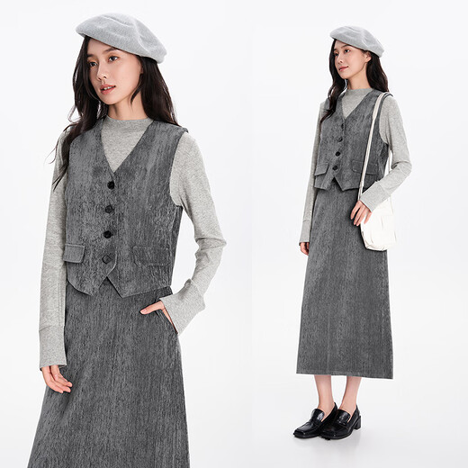 Fragment suit women's spring new v-neck casual vest slimming body-covering a-line skirt commuting complete set gray XL