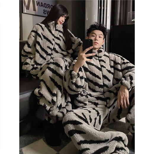 Coral velvet couple pajamas for women that can be worn outside, winter style plus velvet and thickened, high-end striped men's home clothes set XY Velvet #66731 Male L (weight 95-120