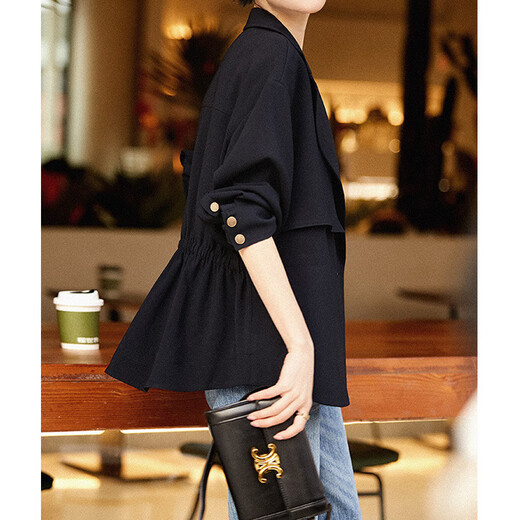 Clotho Rennie Marke Frauen kurzer Trenchcoat für Frauen 2025 Frühlings- und Herbst-New Korean-Version Temperament Kleine Taille-Hug-Huging Slim-Anzug Halsband Navy Blue M.