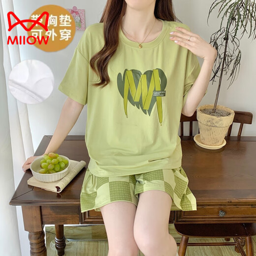 猫人（MiiOW）莫代尔冰丝睡衣女带胸垫夏季宽松短袖大码外穿家居服夏天两件套装 胸垫款凉爽12611 女M码(70-98斤)