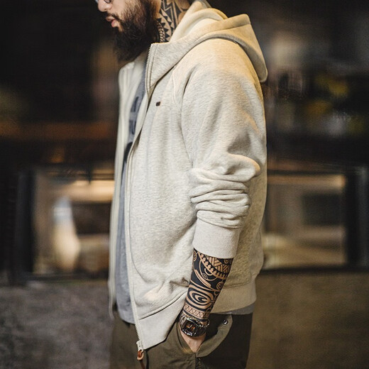 Madden Workwear American Casual Polar Fleece Hooded Sweatshirt Men's Autumn Heavy Velvet Sports Jacket Men's Cardigan Top Snowflake Gray Velvet Version M