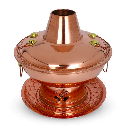 Copper Liufu copper hot pot burning environmentally friendly oil large copper pot thickened charcoal copper hot pot burning alcohol stove old Beijing meat shabu copper pot 32 cm clear soup pot (for use by less than 6 people)