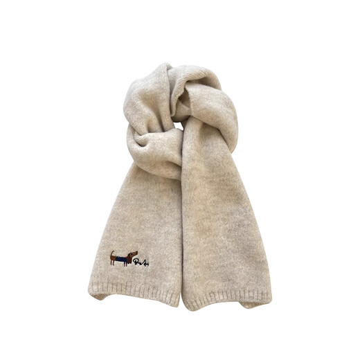 Memaru Japanese embroidered puppy solid color knitted scarf for women in autumn and winter, student cycling, leisure, warm and versatile scarf for men, beige