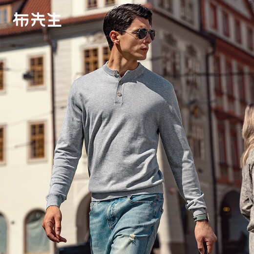 Mr. Bu Henry collar pure cotton sweater long-sleeved men's spring and autumn new three-button men's retro casual BT12255 light gray M (170)