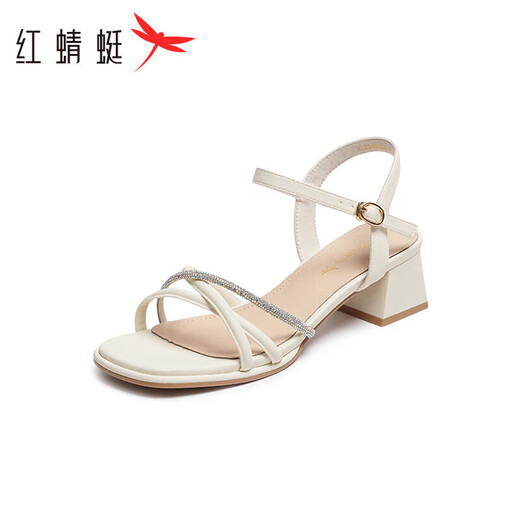 Red Dragonfly Leap Month Sandals for Women in Summer One-Strip Thick Heel French High Heels Temperament Women's Sandals WLK24083 Beige White 37