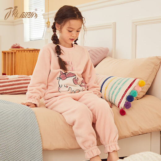 Dingguagua children's coral velvet pajamas flannel autumn and winter new girls home clothes set cute pullover long sleeve thickened 23 unicorn pink 130