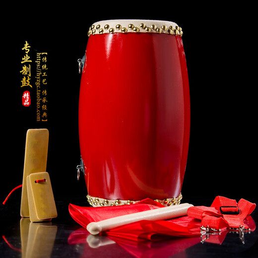 12 14 15cm cowhide waist drum adult waist drum Yangge Ansai waist drum kindergarten children's waist drum instrument 15CM+ drum stick + strap + square scarf + 4 meters red silk