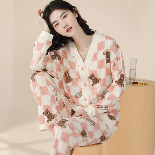 Lazy Rhyme Pajamas Women's Spring and Autumn Long-sleeved Cotton Suit Cardigan Kimono Two-piece Home Clothes Can Be Weared Outside New Style 1209 (165-L) 100 Jin [Jin equals 0.5 kg]-120 Jin [Jin equals 0.5 kg]