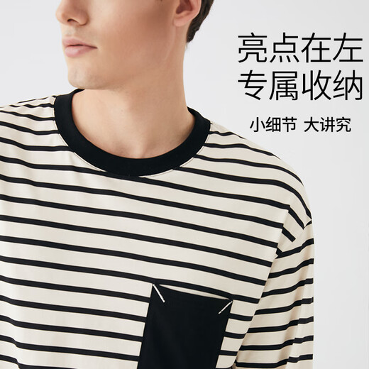 Chundu Couple Pajamas Women's Spring and Autumn Pure Cotton Striped Long Sleeve Autumn Home Clothing Men's Suit Thin Black and White Stripes/Black (Women's Style) 2XL