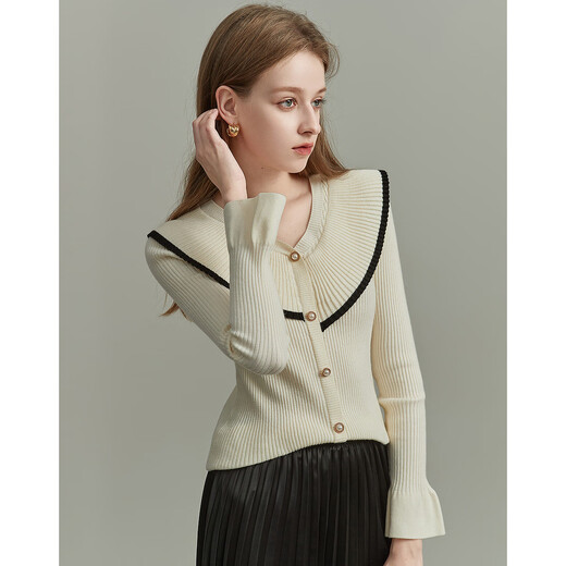 Demana French style winter V-neck velvet yarn ruffles contrasting color cardigan fungus edge knitted sweater women's top