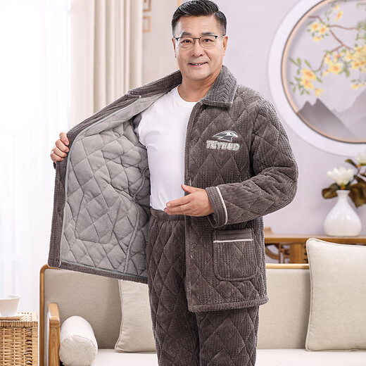 Suiyue pajamas men's winter thickened velvet dad's three-layer cotton jacket coral velvet warm home clothing set for middle-aged and elderly people N9930 blue M milk velvet upgraded thickened 2XL code (140-165 Jin [Jin equals 0.5 kg])