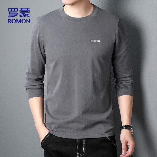 Romon long-sleeved T-shirt men's 2025 autumn solid color men's casual loose cotton bottoming shirt tops men's CT51 dark gray XL