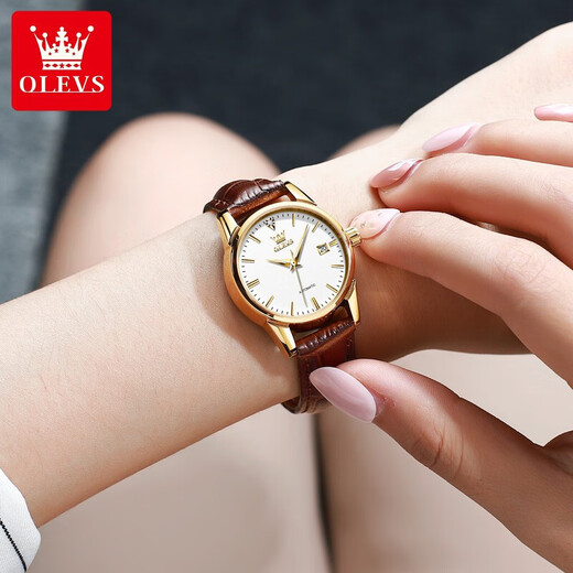 OLEVS Swiss certified watch women's mechanical watch fully automatic simple women's watch small birthday gift for girlfriend [upgraded enhanced version] 6629 women's brown leather white flour-lifetime insurance