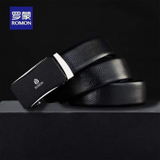 ROMON Men's Genuine Leather Belt New Business Casual Versatile Young and Middle-aged Automatic Snap Belt Black 120cm