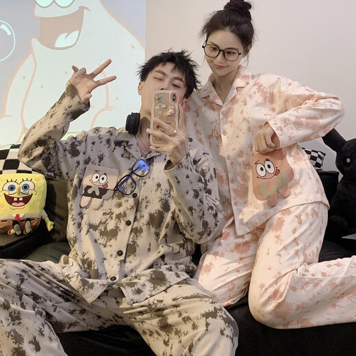 Mobeihai star couple pajamas spring and autumn long-sleeved pure cotton cartoon Japanese ins style men's and women's home wear two-piece set TM-2278 Black Stitch L male