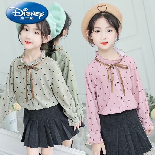 Disney (Disney) Girls' Shirts 2025 Autumn New Thin Long-Sleeved Jacket Chiffon Polka Dot Shirt for Medium and Large Children Fashionable Dress Pink 120 cm