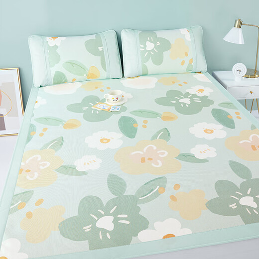 Boyang (BEYOND) cool fiber ice silk mat summer mat three-piece set for double air-conditioned mat, color 180*200 [washable] floral foam (sheet style) three-piece set 199cm*180cm