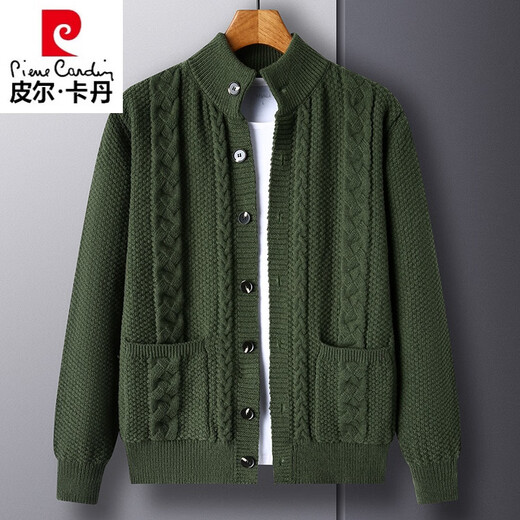 Pierre Cardin Pure Wool Chaqueta de cárdigan de otoño e invierno Jacquard Jacquard Sweater espesado suéter para hombres Verde 8513 (100% Pilling) 165/m [85Jin [Jin equivale a 0.5 kg] -110jin [Jin equivale a 0.5 kg]]]